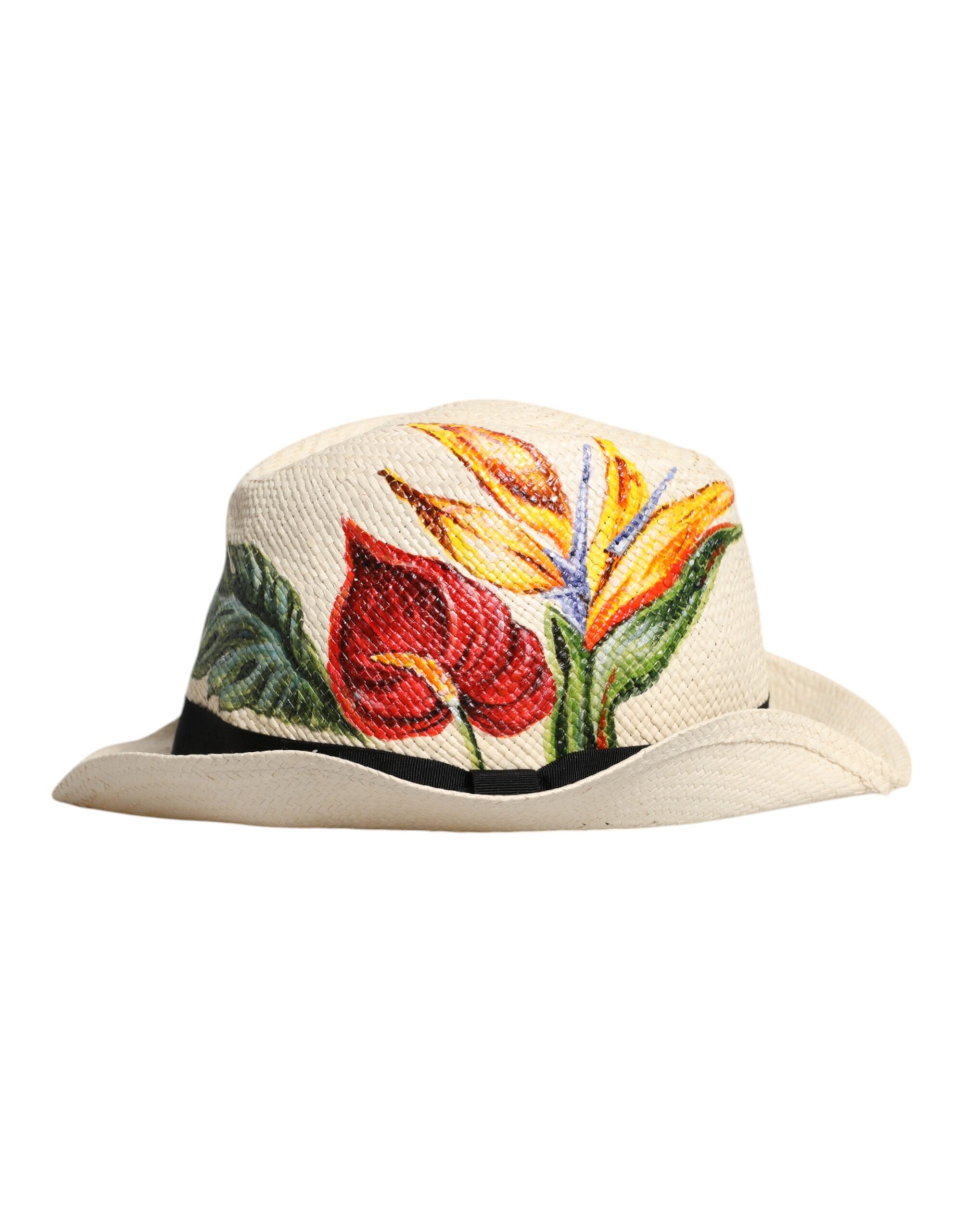 Dolce & Gabbana Beige Floral Print Stroh breite Krempe Fedora Hut