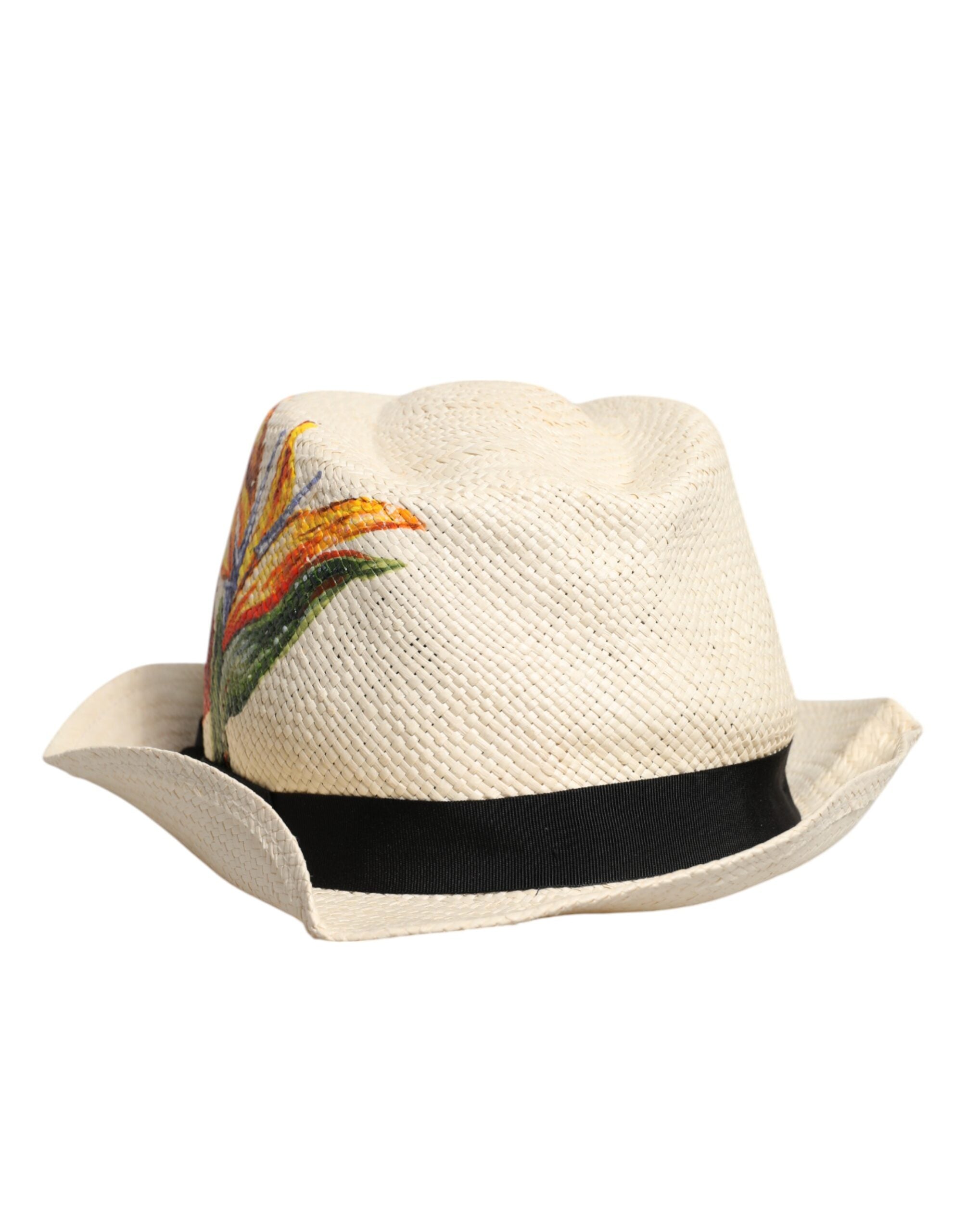 Dolce & Gabbana Beige Floral Print Stroh breite Krempe Fedora Hut