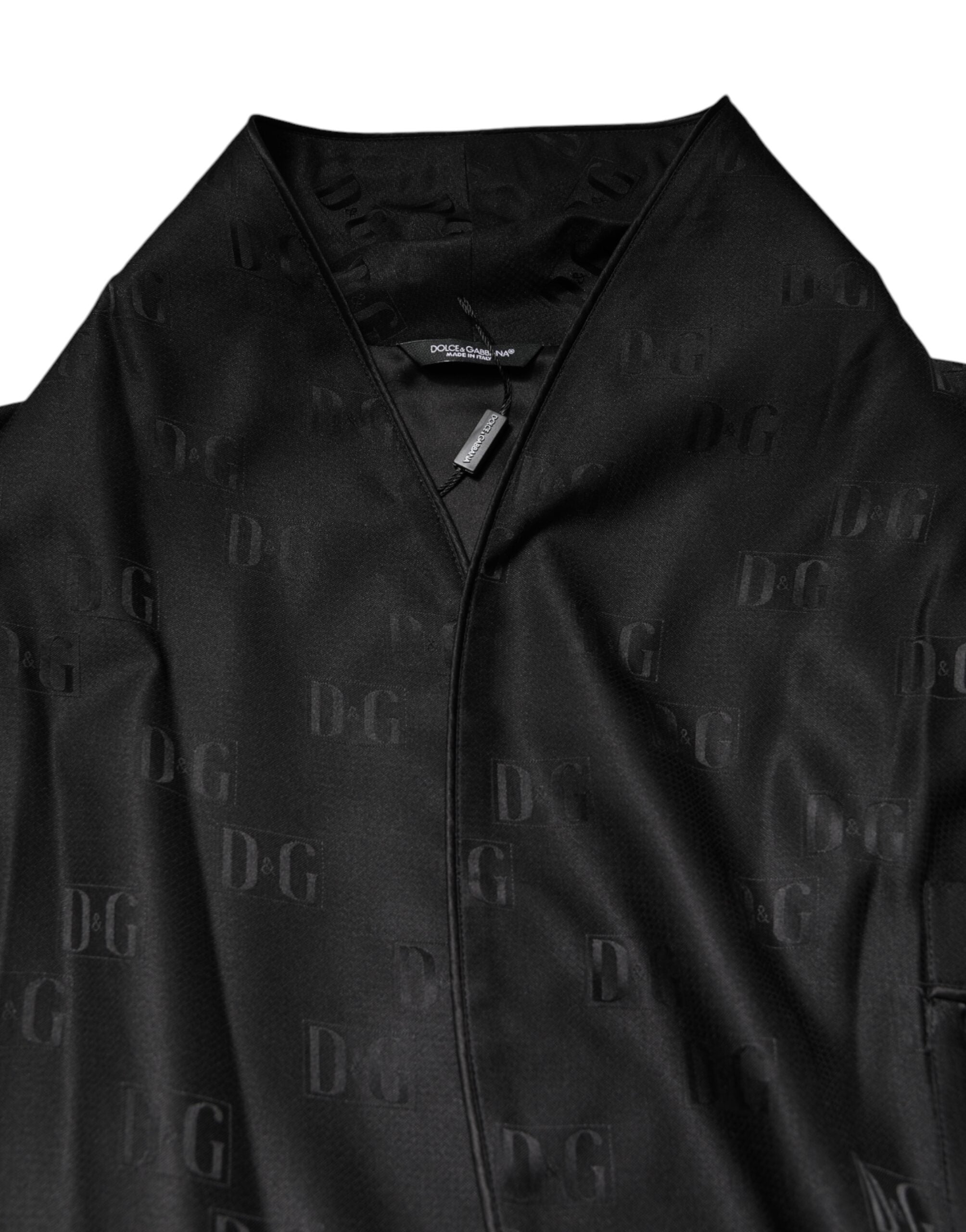 Dolce & Gabbana Schwarze Seide DG Logo Herren Wickelmantel Jacke