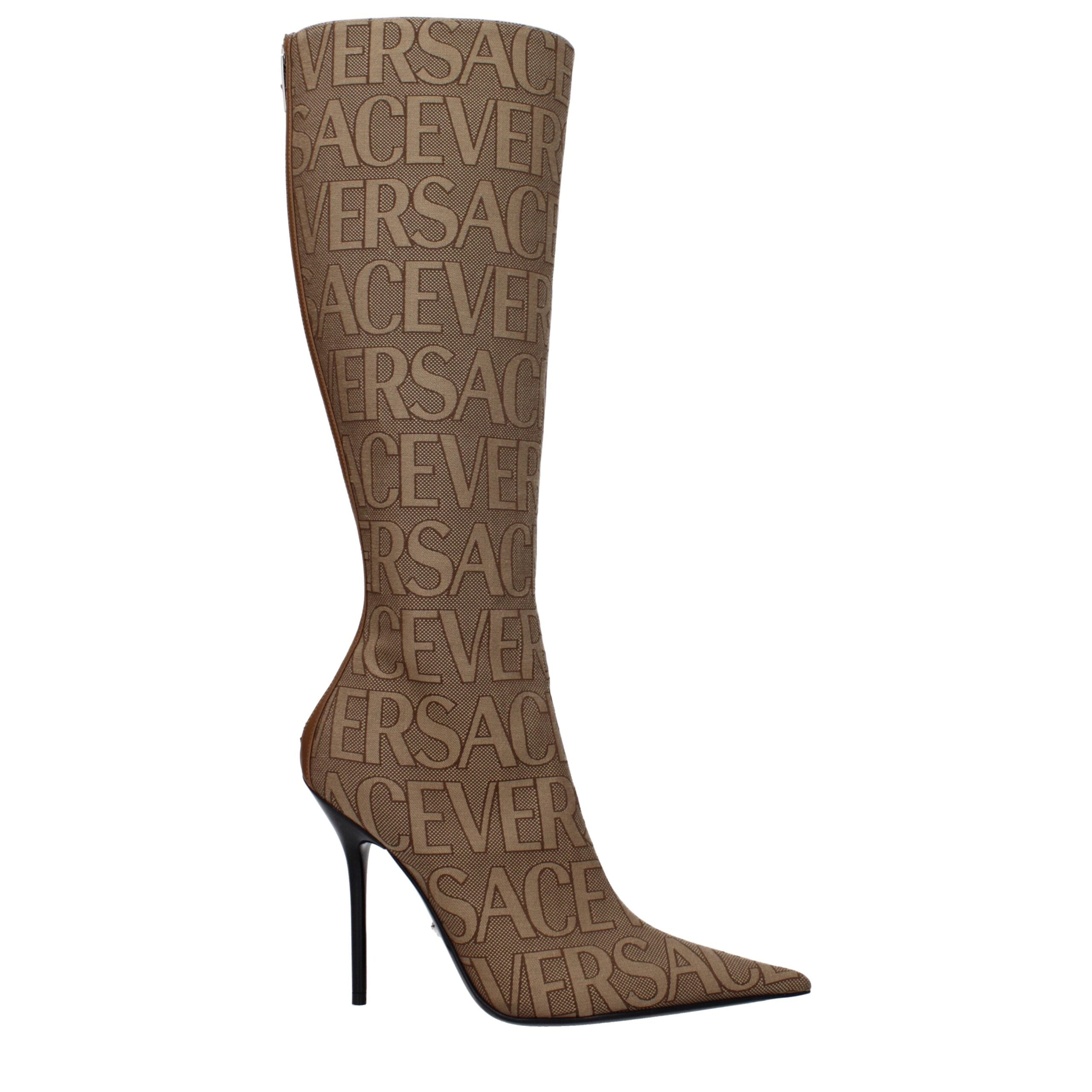 Versace Beigefarbene Stoffstiefel mit hohem Absatz