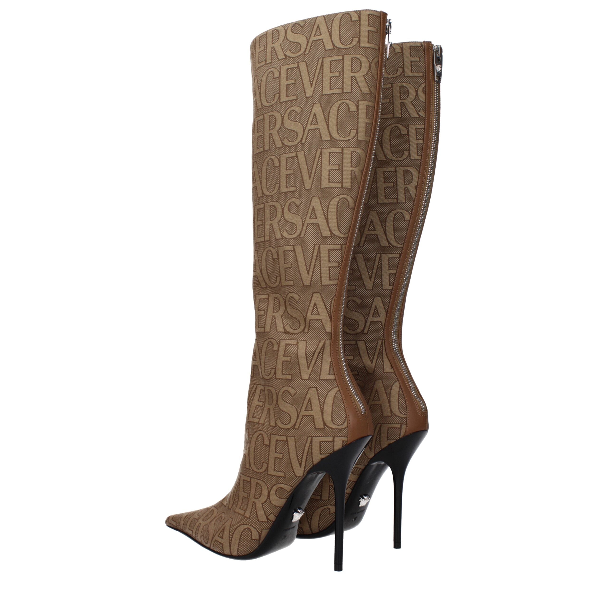 Versace Beigefarbene Stoffstiefel mit hohem Absatz