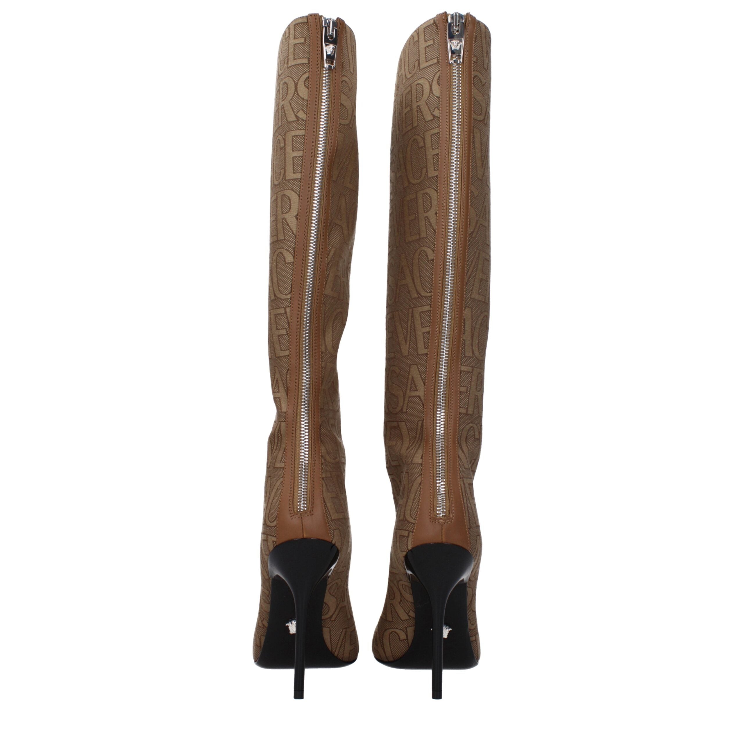 Versace Beigefarbene Stoffstiefel mit hohem Absatz