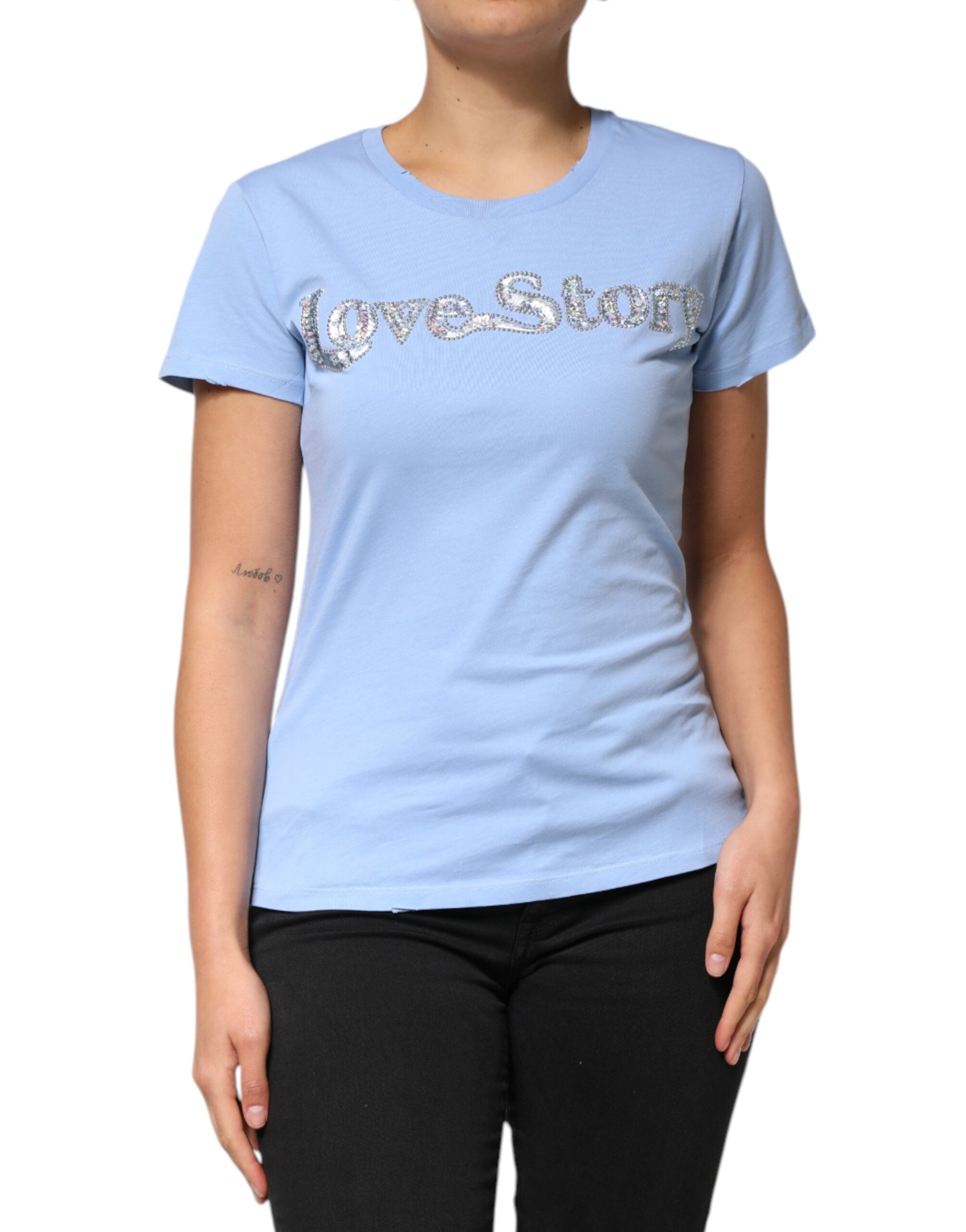 PINKO Blaues Love Story Pailletten verziertes Kurzarm-T-Shirt