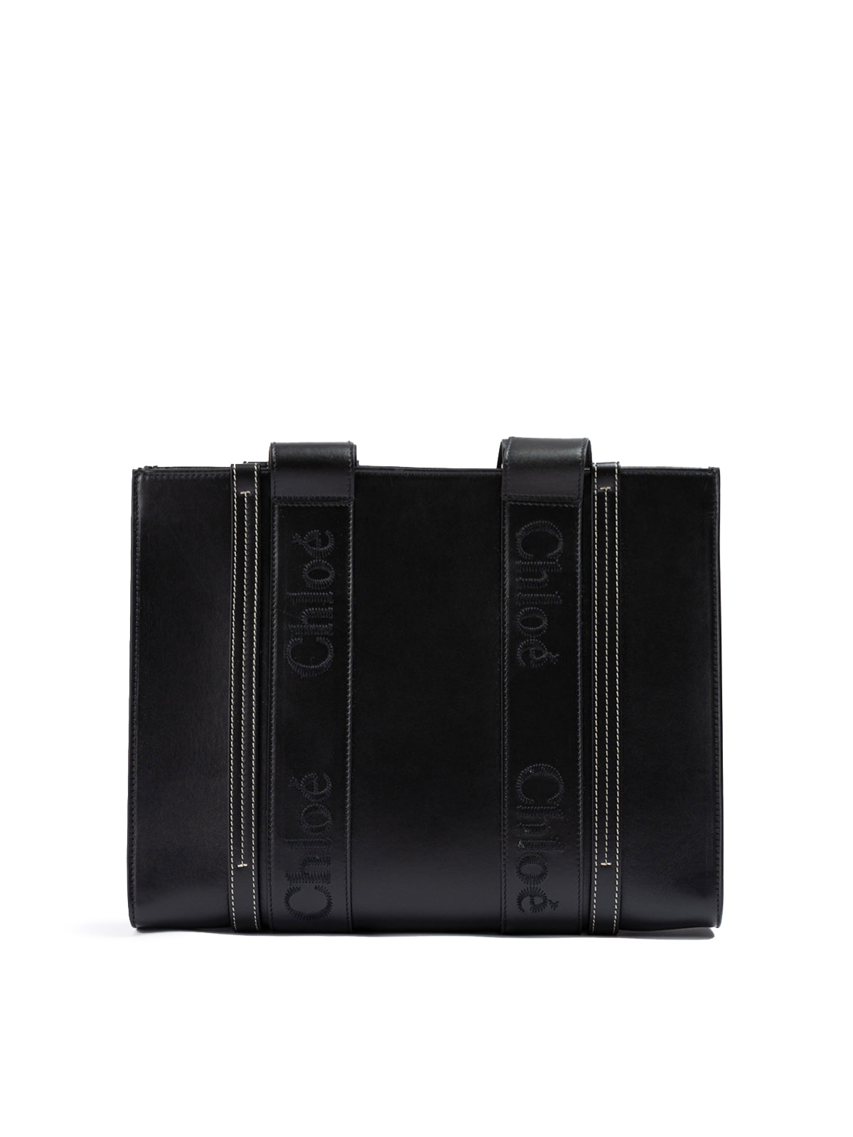 Chloé Schwarze Ledertasche mit gesticktem Woody-Logo (Medium Tote Bag)