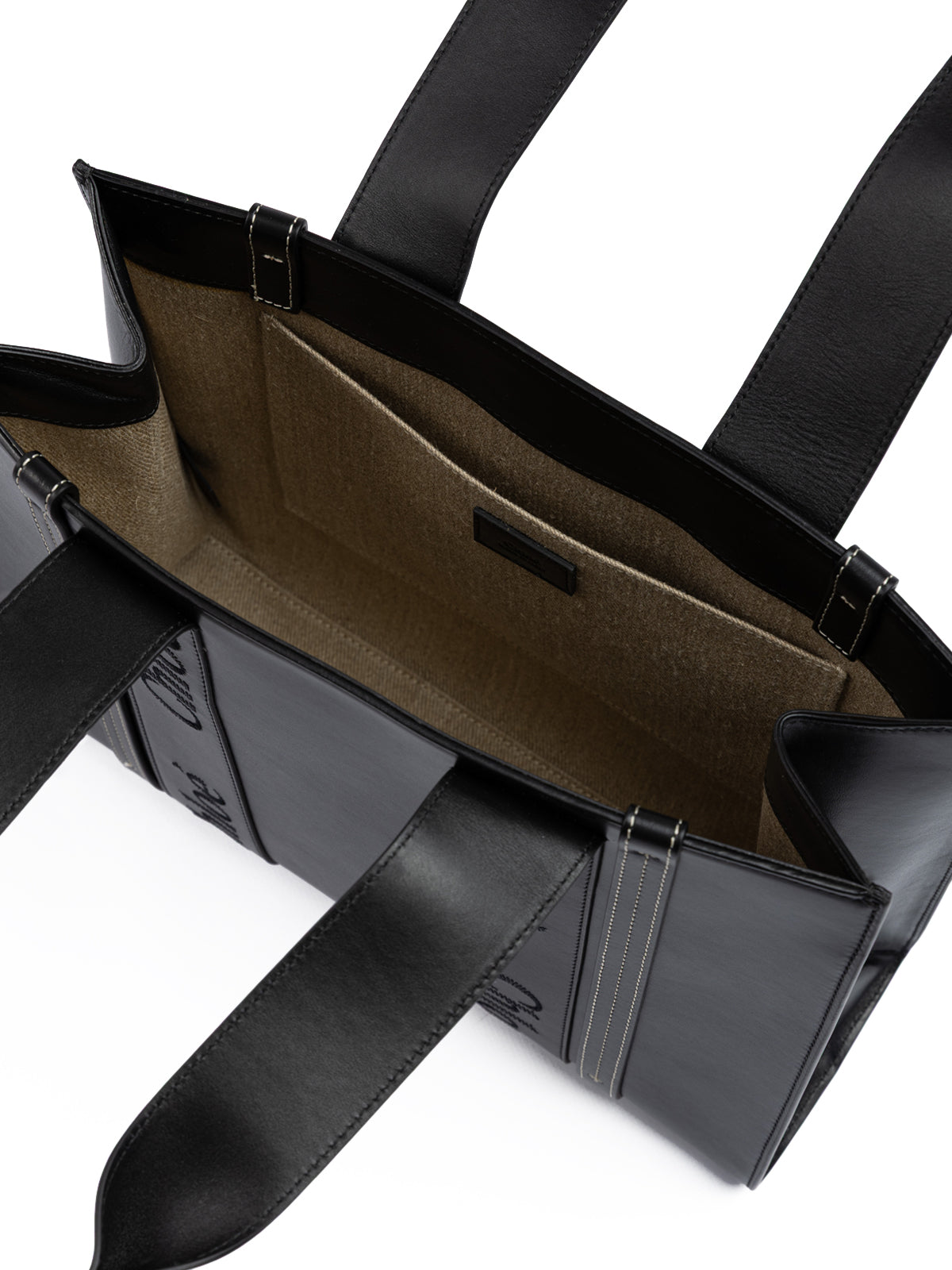 Chloé Schwarze Ledertasche mit gesticktem Woody-Logo (Medium Tote Bag)