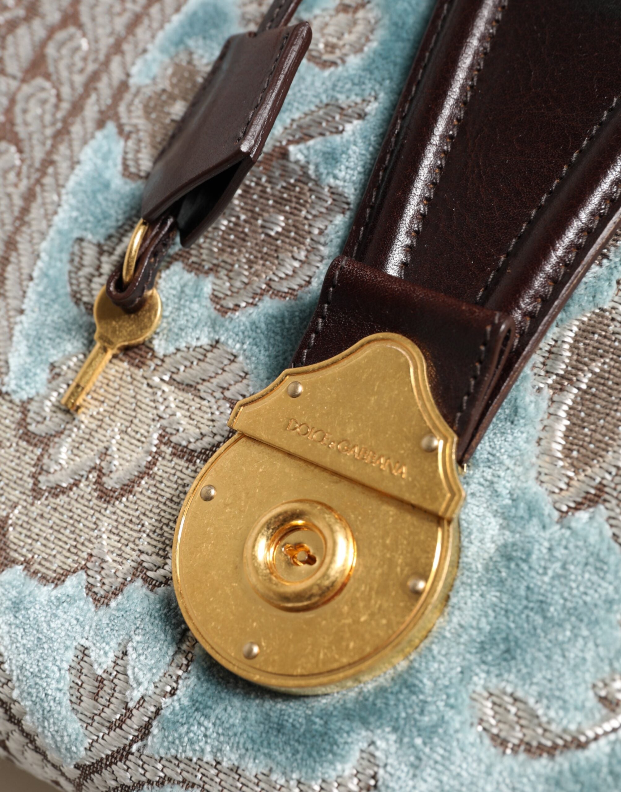 Dolce & Gabbana Blau Braun Leder Floral Jacquard Reisetasche Handtasche