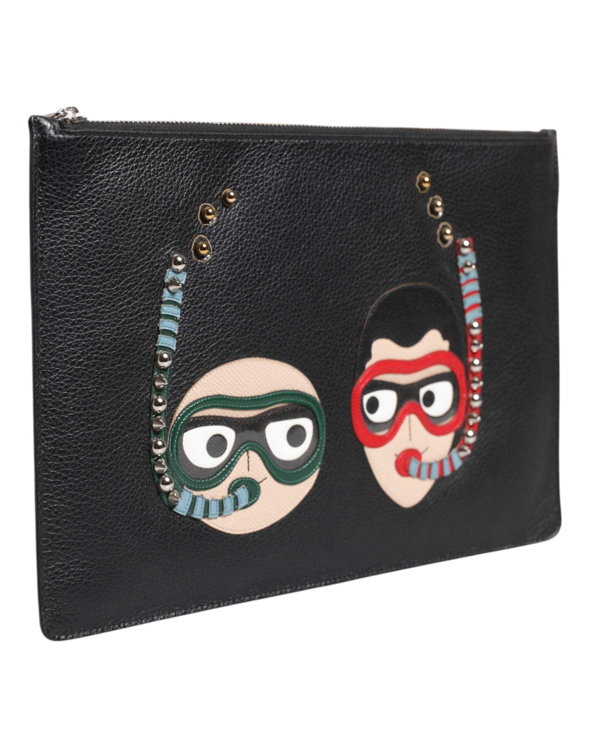 Dolce & Gabbana Schwarzes Leder #DGFAMILY Verschönerte Herren Clutch Pouch Tasche