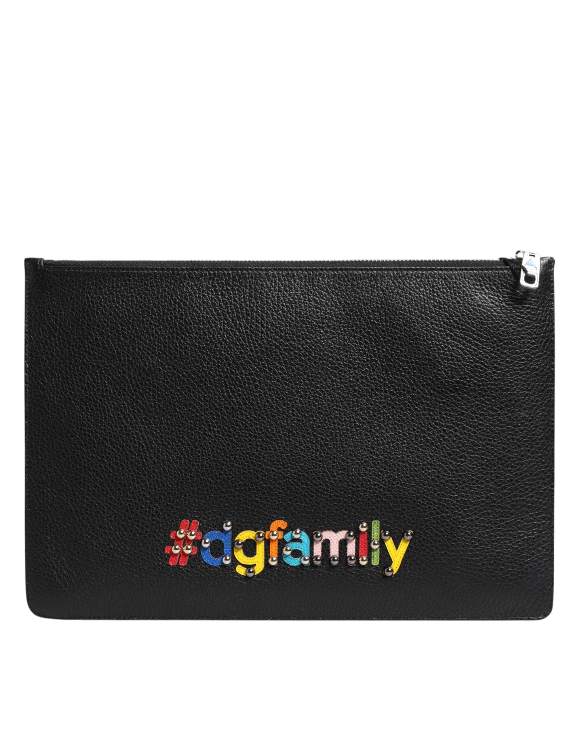 Dolce & Gabbana Schwarzes Leder #DGFAMILY Verschönerte Herren Clutch Pouch Tasche