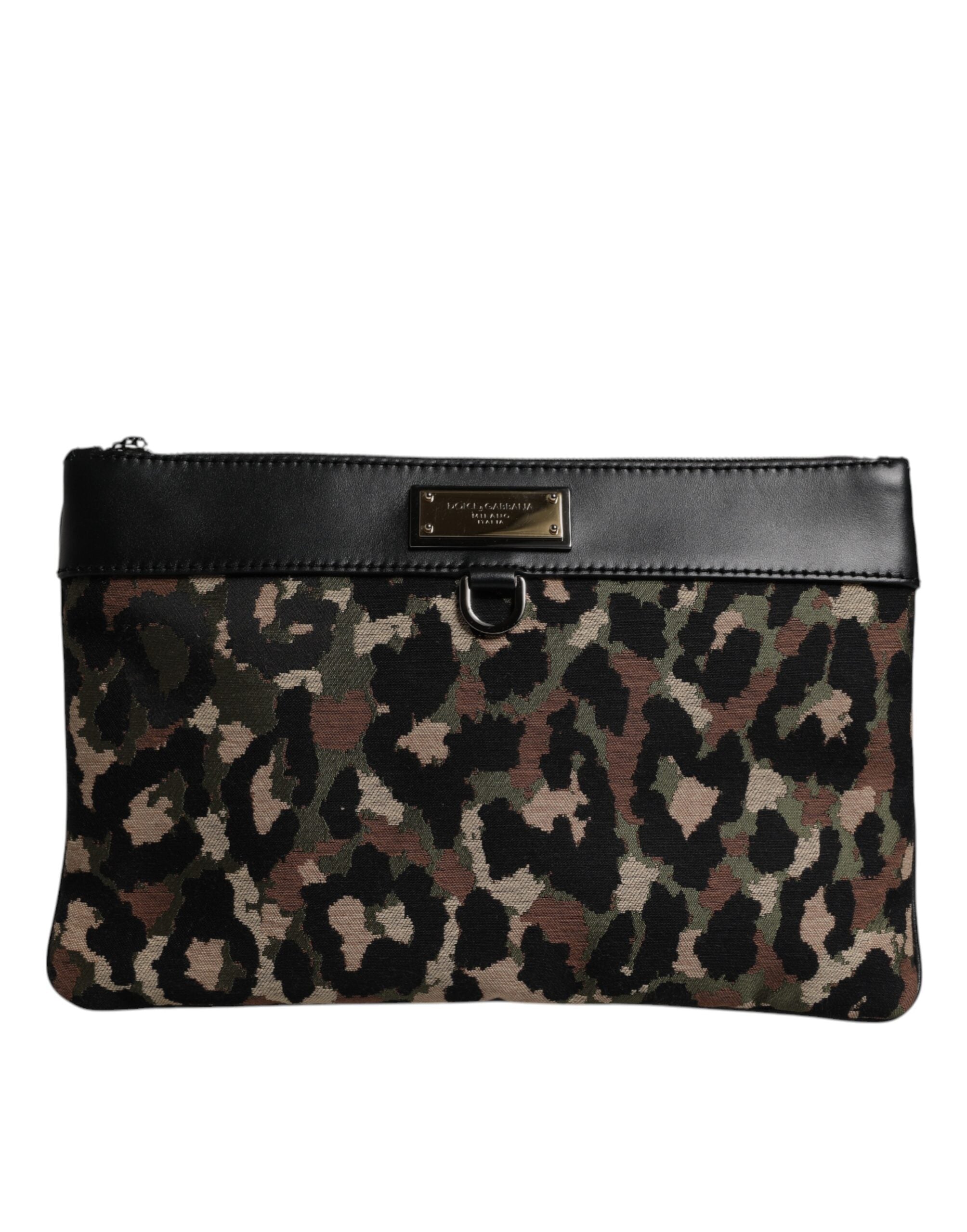 Dolce & Gabbana Multicolor Leopard Print Jacquard Logo Plaque Pouch Tasche
