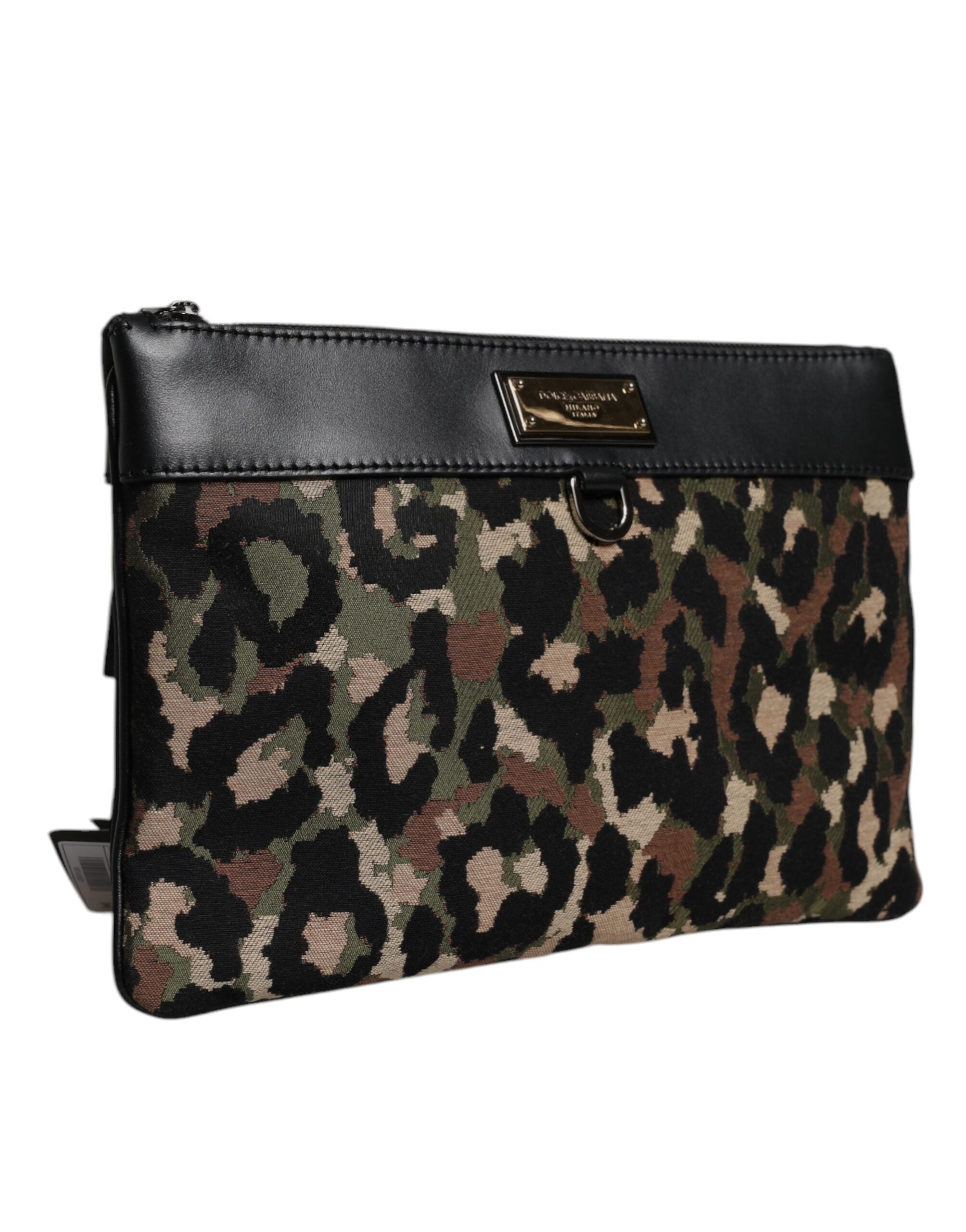 Dolce & Gabbana Multicolor Leopard Print Jacquard Logo Plaque Pouch Tasche