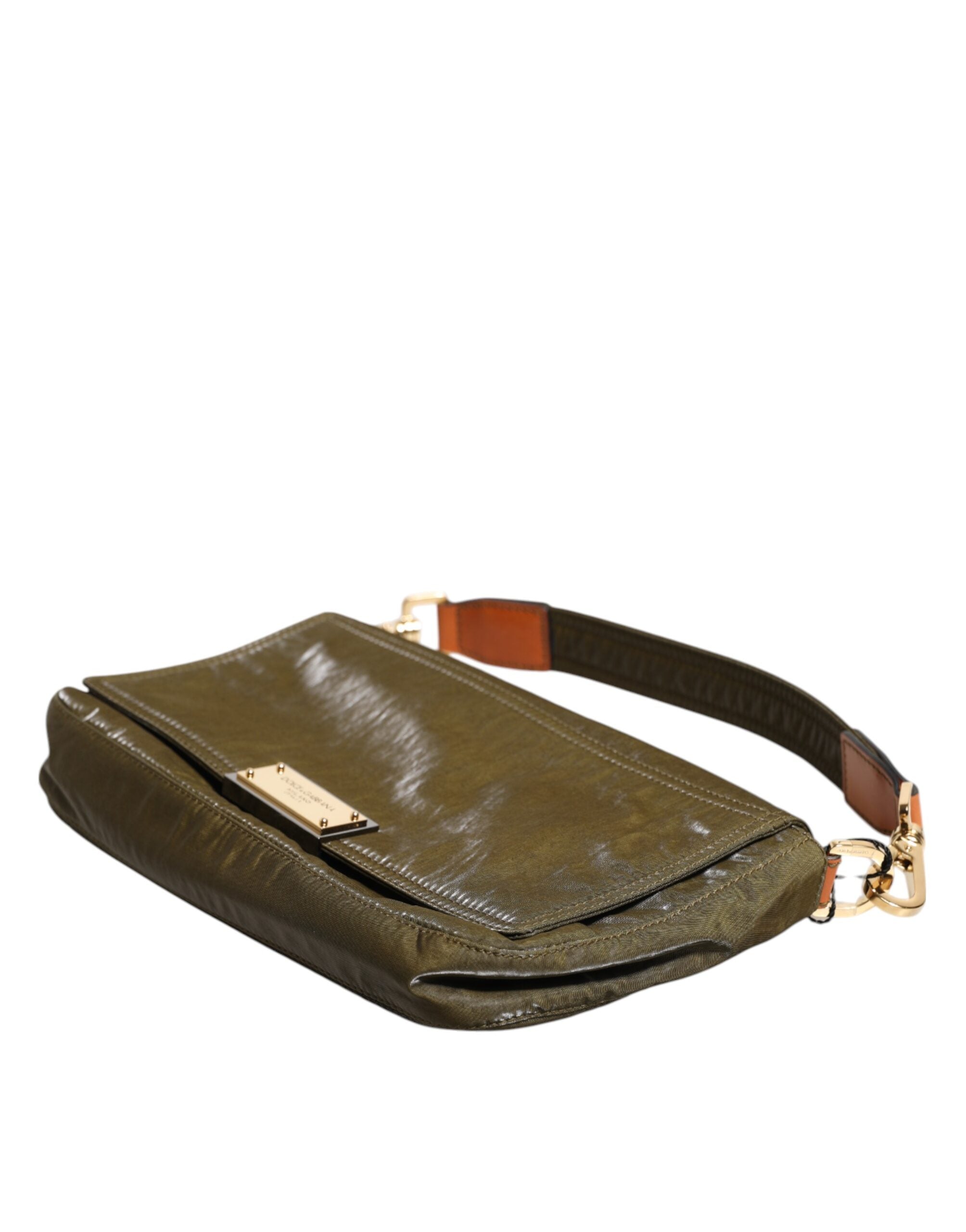 Dolce & Gabbana Dunkelgrünes Nylon Logo Plaque Schulterriemen Borse Tasche