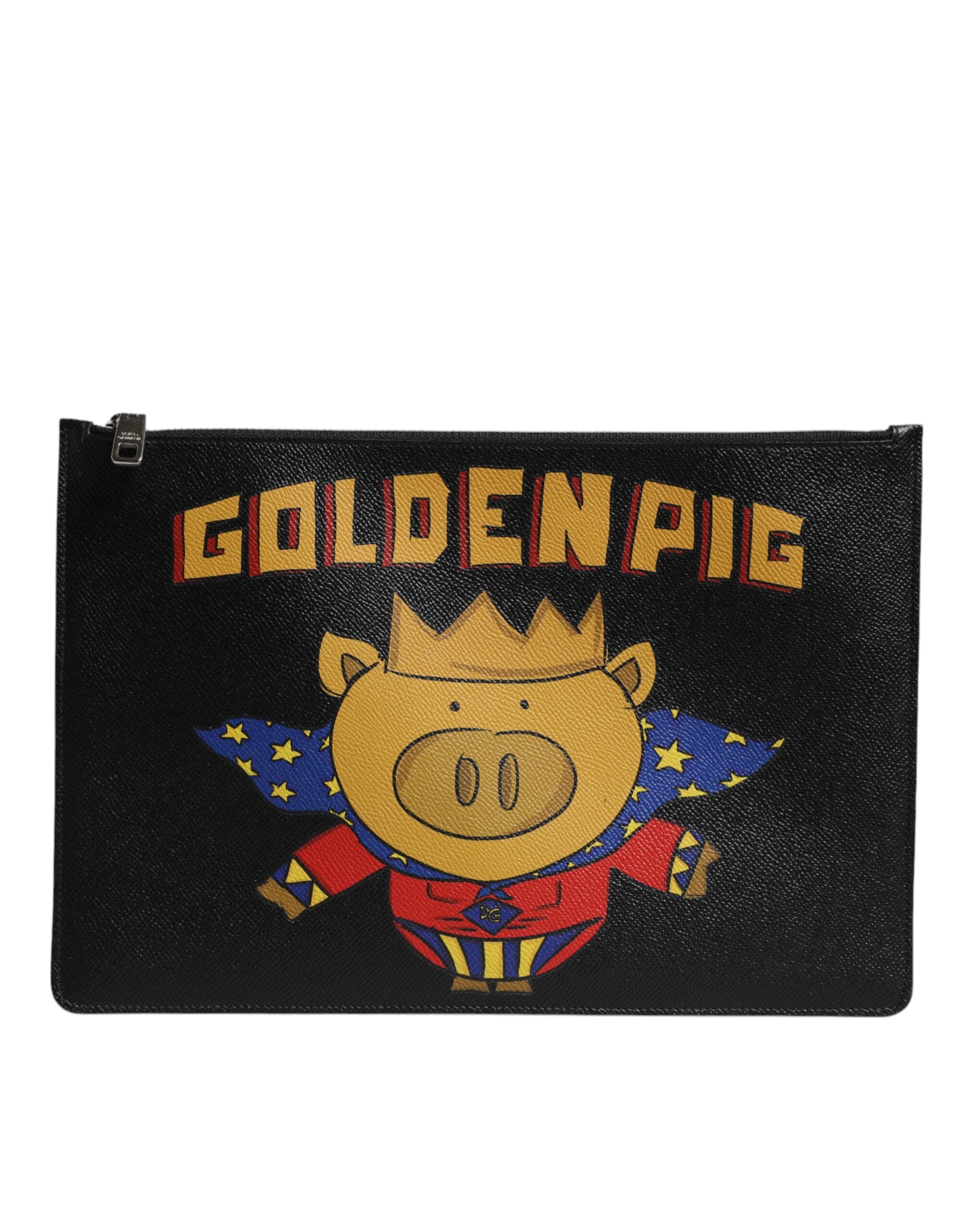 Dolce & Gabbana Schwarzes Leder Golden Pig Print Herren Clutch Pouch Borse Tasche