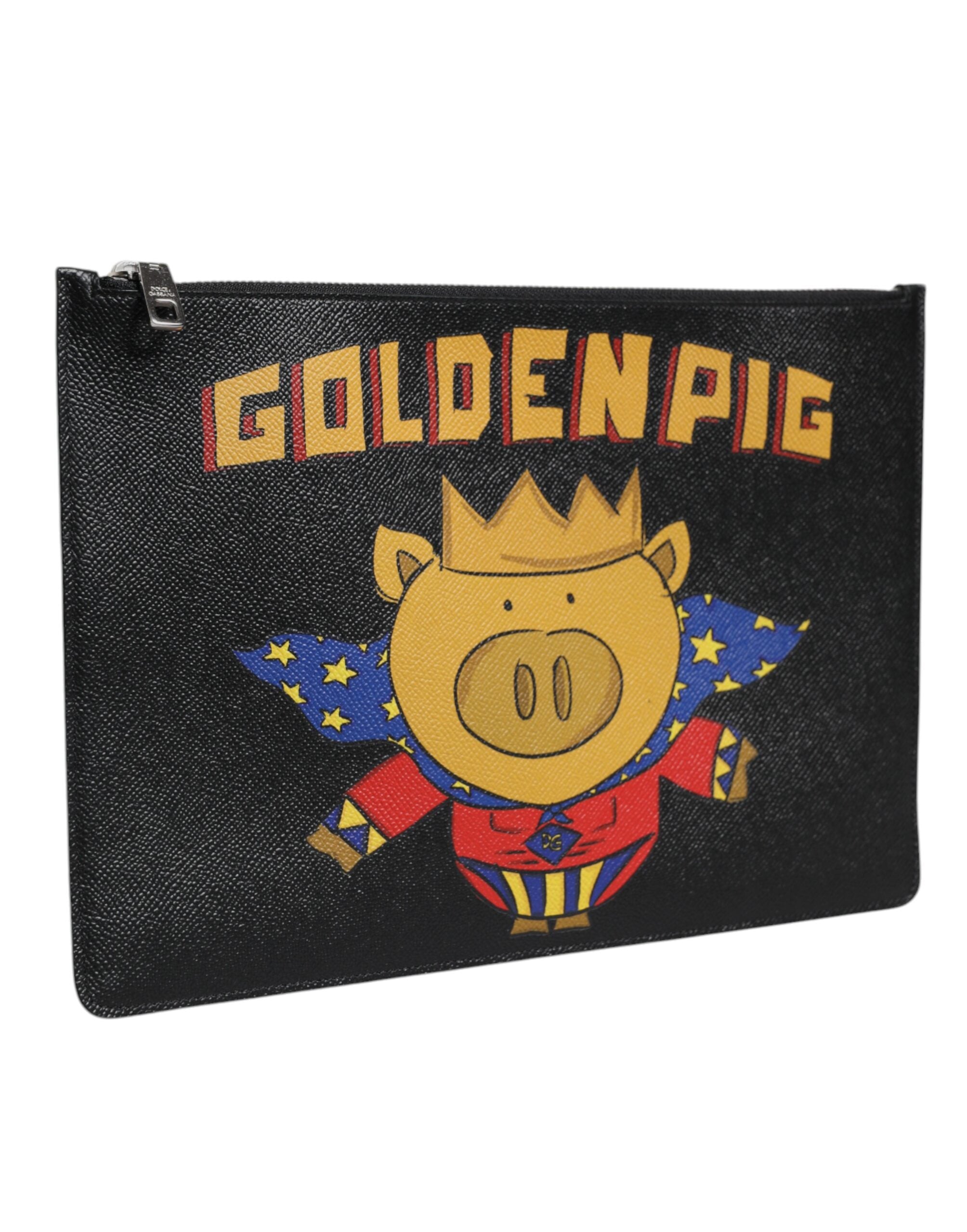 Dolce & Gabbana Schwarzes Leder Golden Pig Print Herren Clutch Pouch Borse Tasche