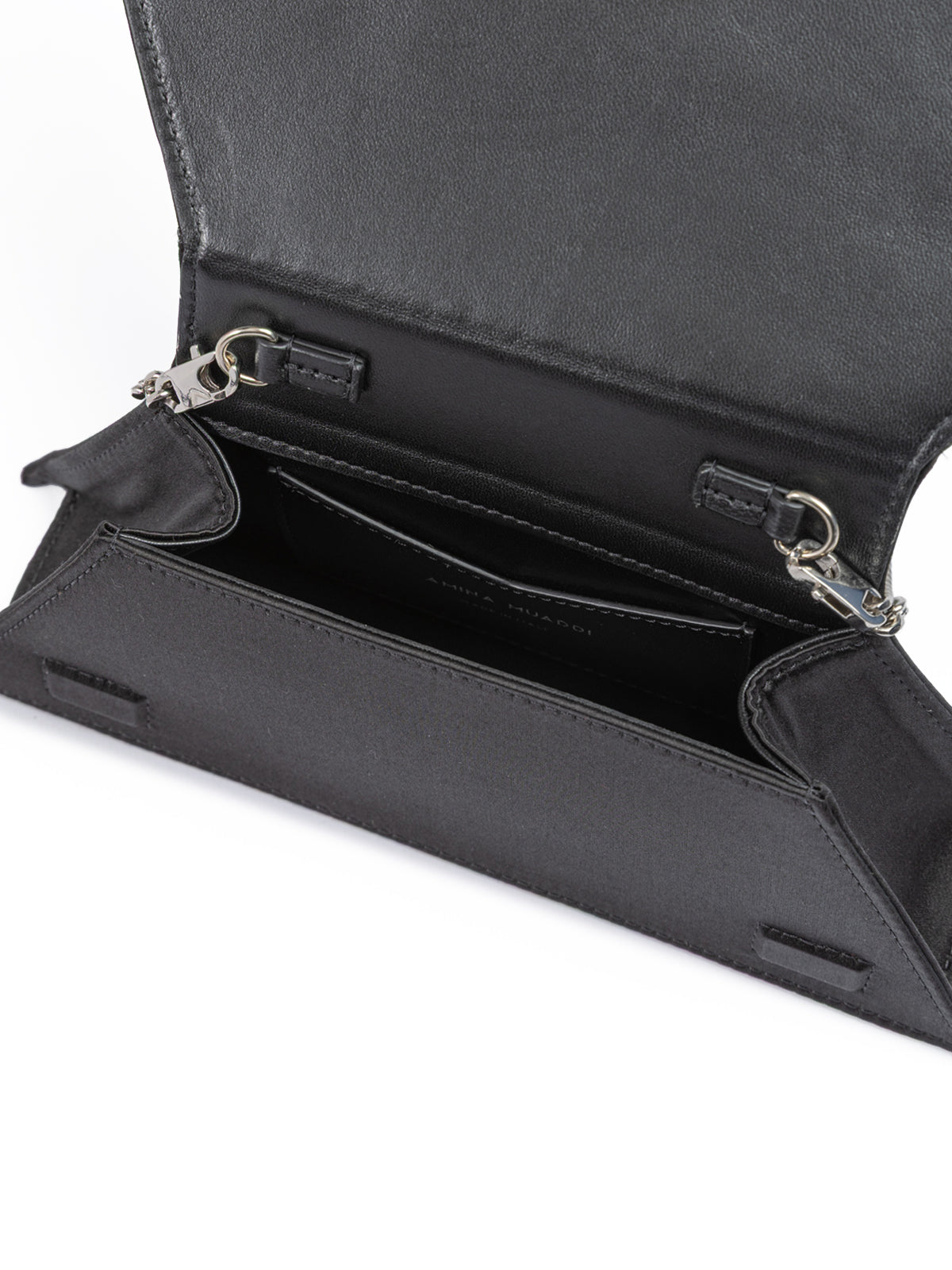 Amina Muaddi Mini Umhängetasche aus schwarzem Satin und grünen Kristallen