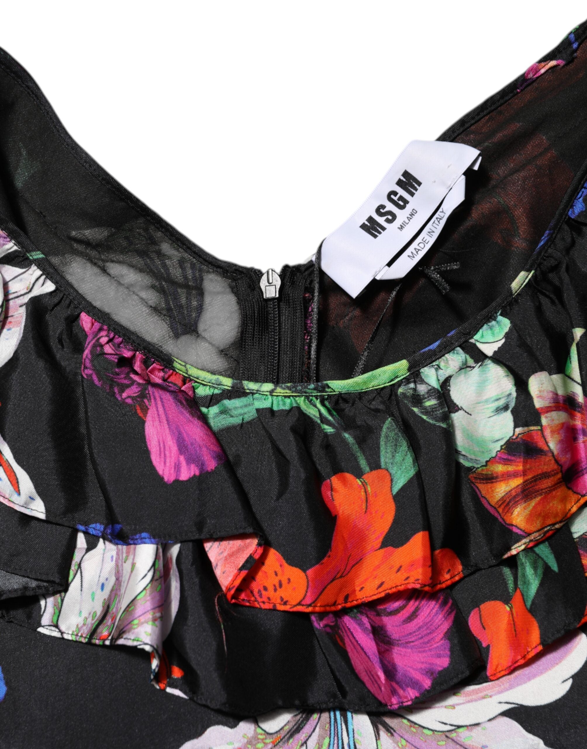 MSGM Kleid Schwarz Multicolor Floral Ruffle Long Sleeve Mini Dress
