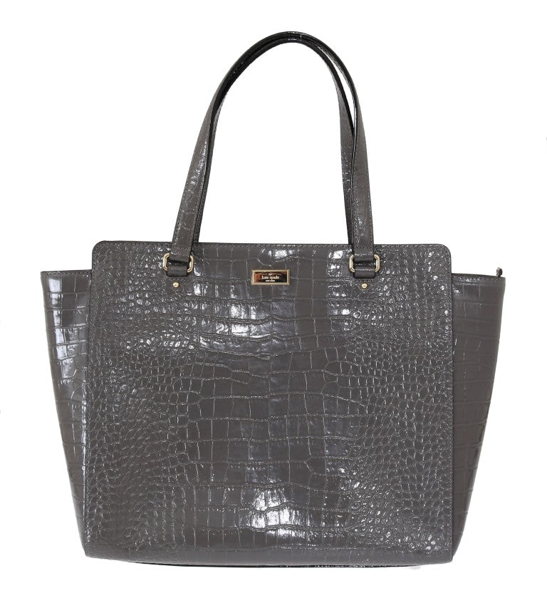 Kate Spade Elissa Bristol Drive Tote Handtasche aus grauem Leder mit Krokoprägung