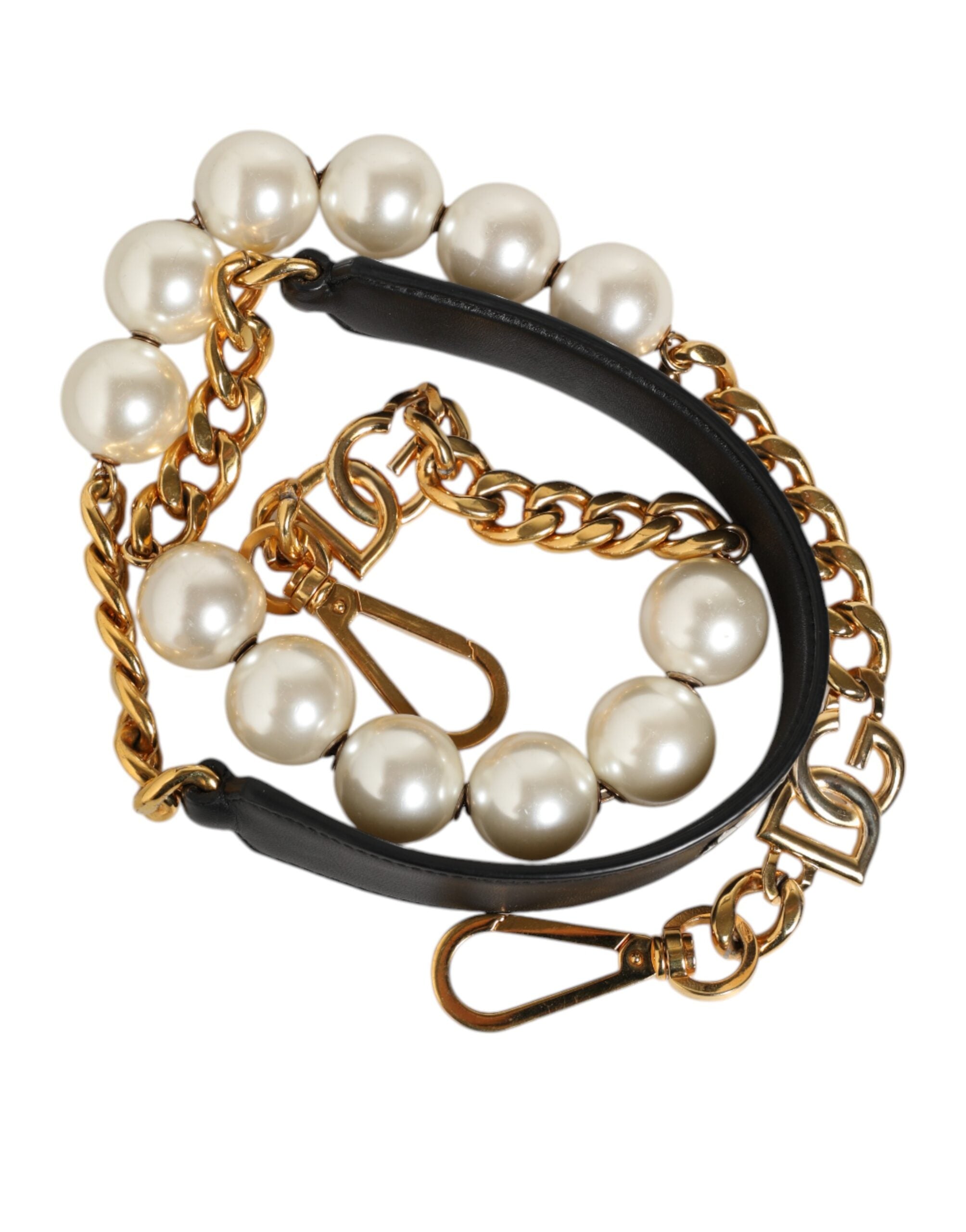 Dolce & Gabbana Schwarzes Leder Perle Kette Tasche Accessoire Schulterriemen