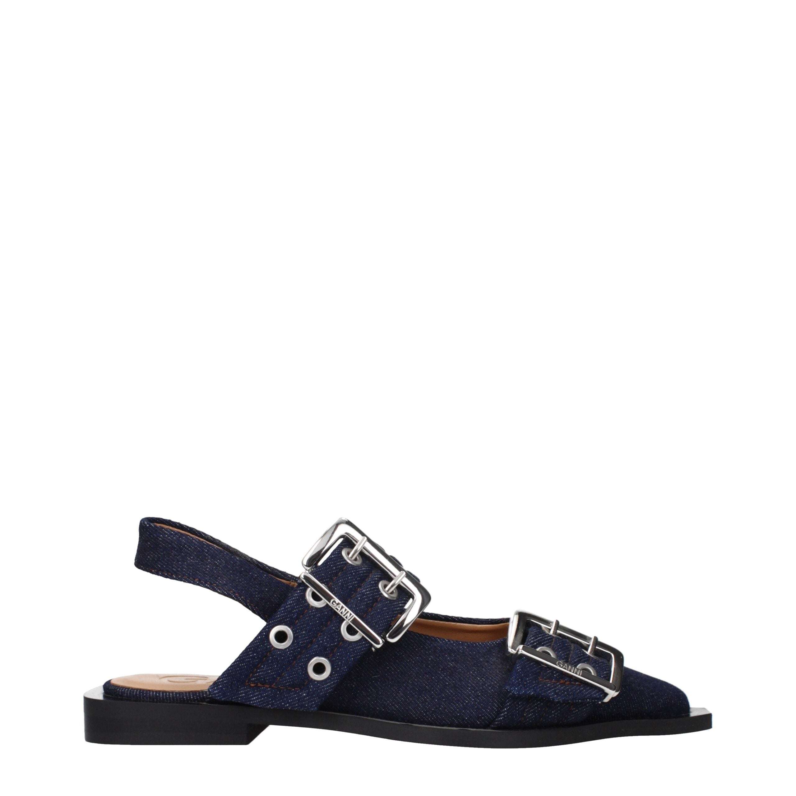 Ganni Blaue Stoff-Flachsandalen