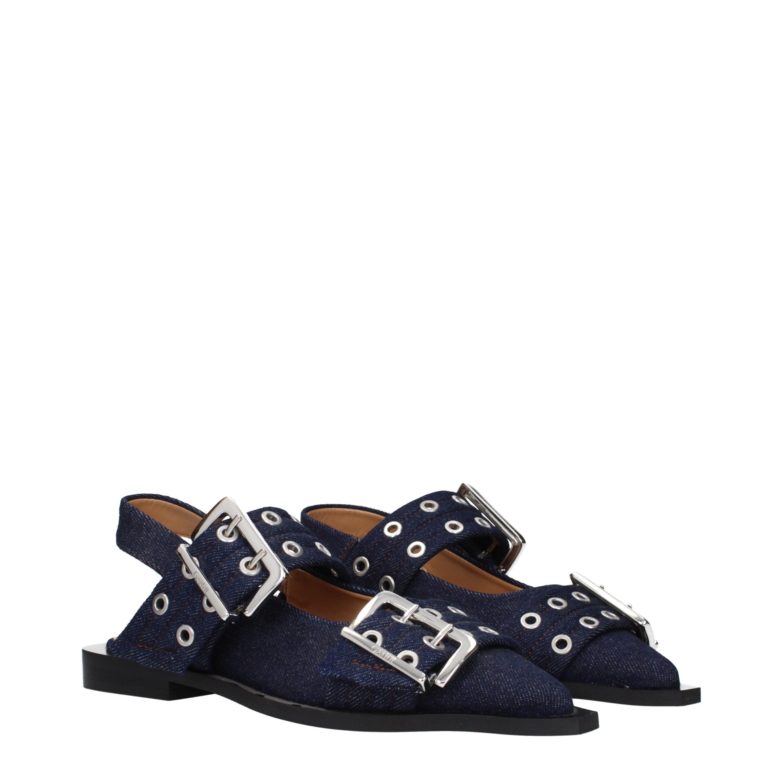Ganni Blaue Stoff-Flachsandalen