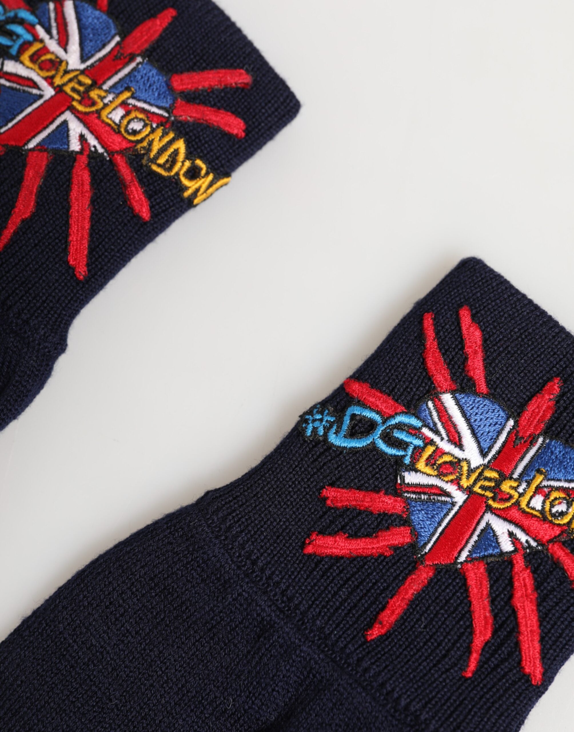 Dolce & Gabbana Blaue Wollstrickhandschuhe #DGLovesLondon mit Stickerei