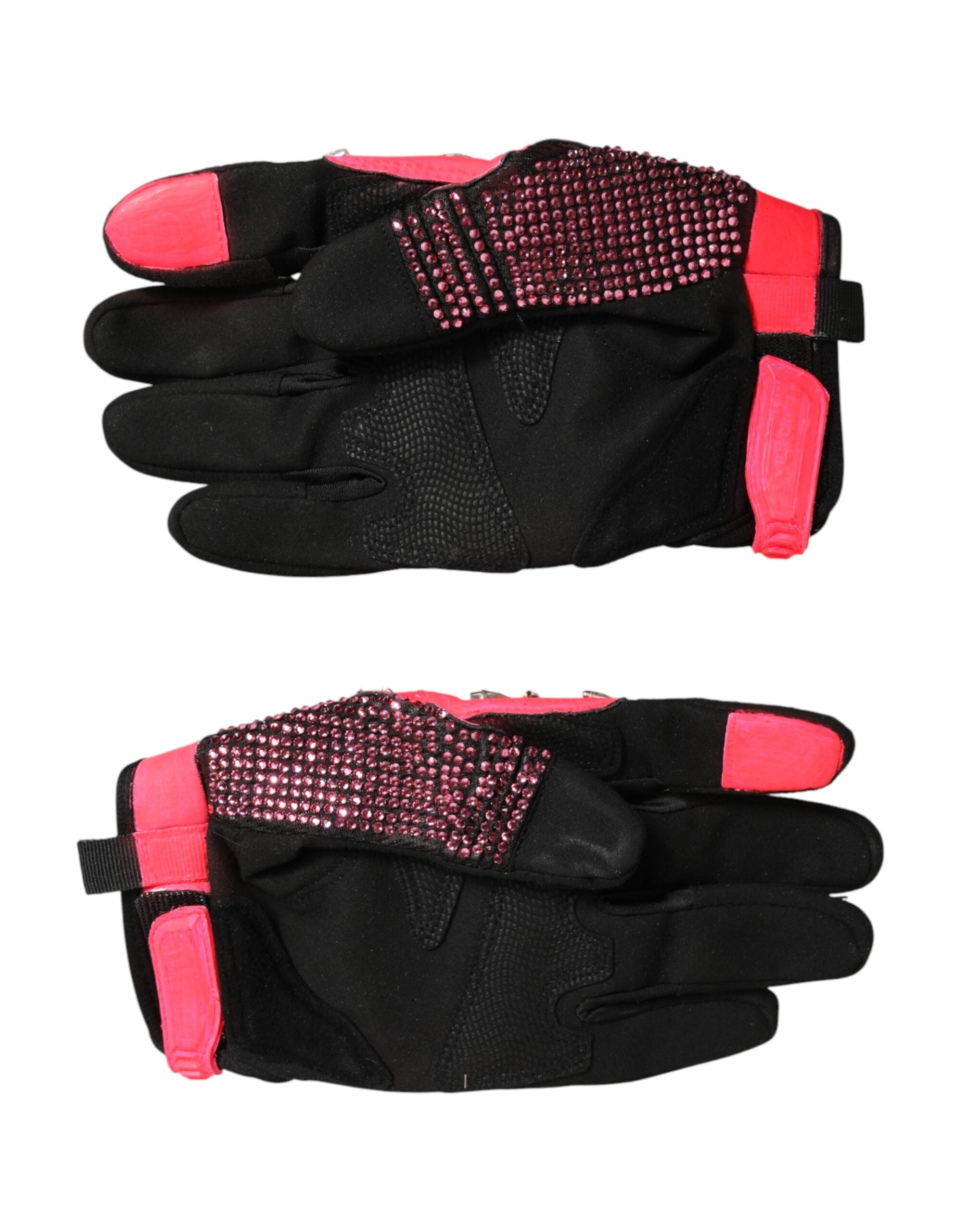 Dolce & Gabbana Schwarze Handschuhe mit pinken Kristallen, Handgelenkslänge