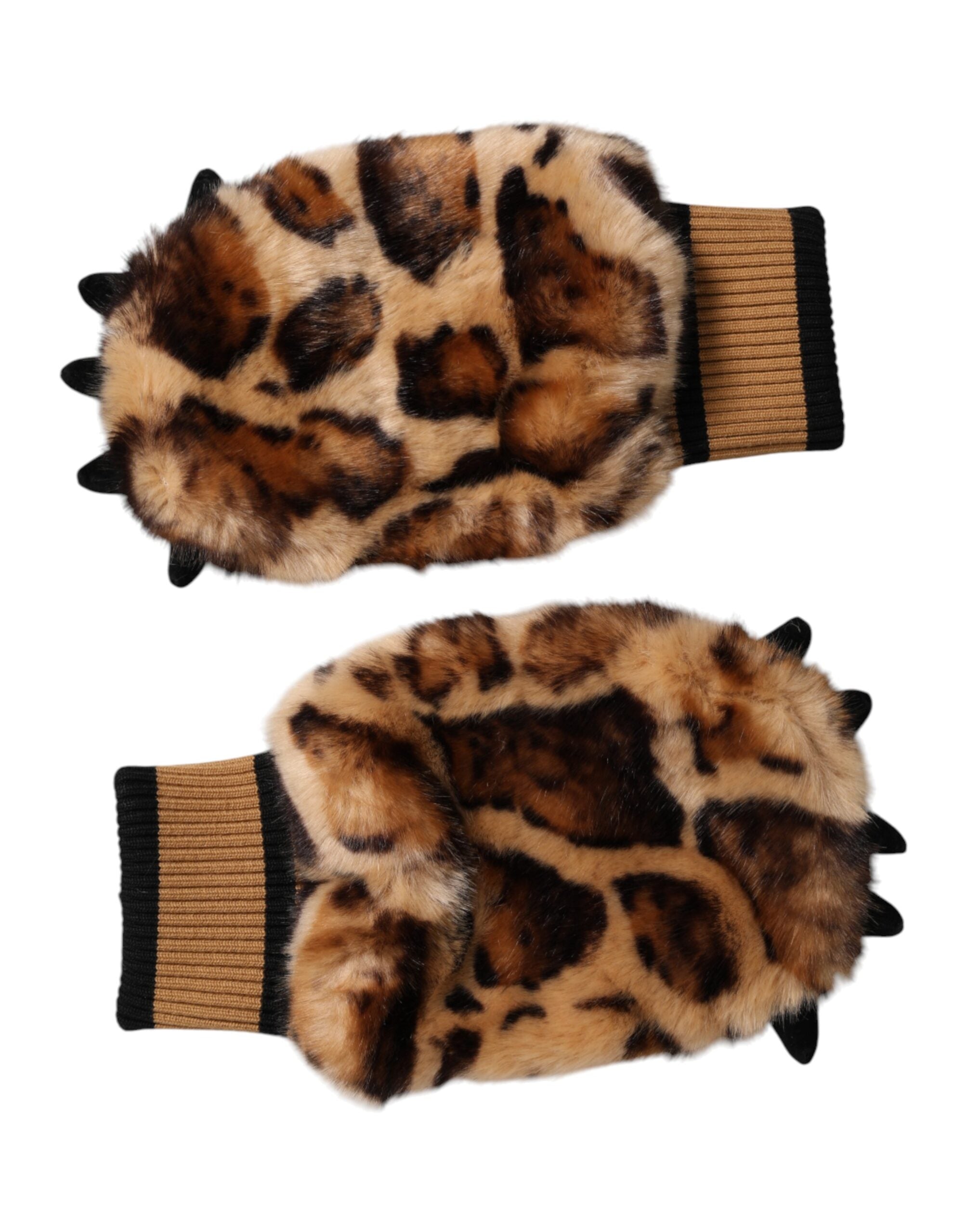 Dolce & Gabbana Braune Leopardengestrickte Pelzhandschuhe