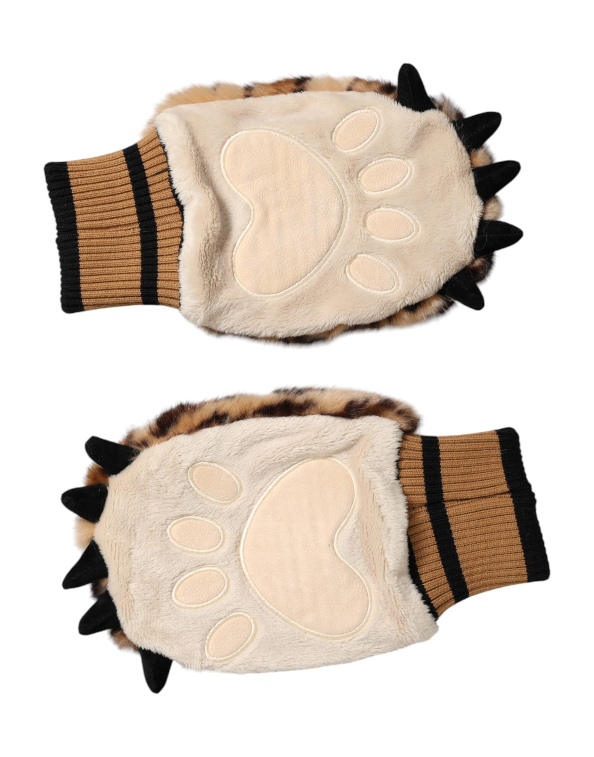 Dolce & Gabbana Braune Leopardengestrickte Pelzhandschuhe
