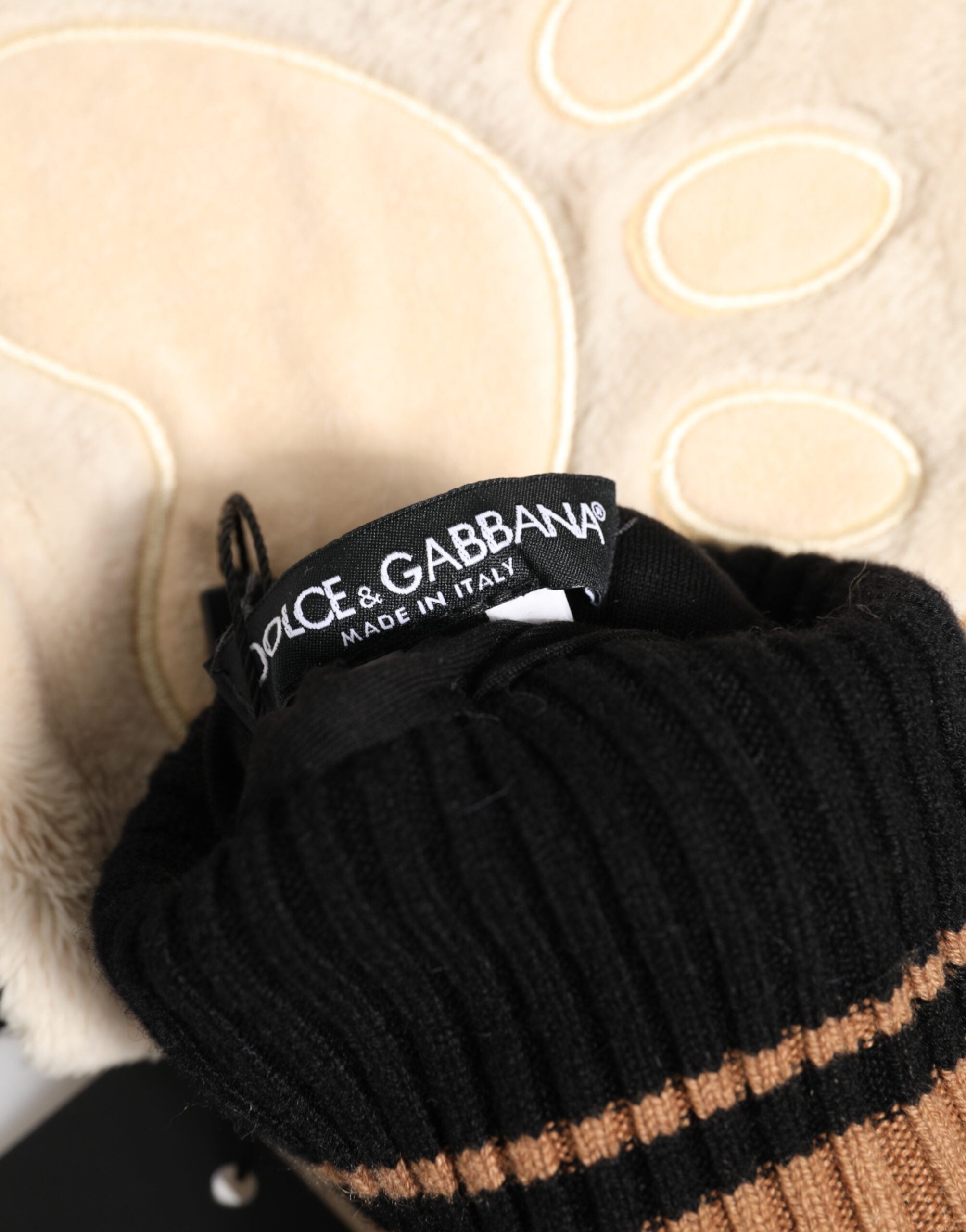 Dolce & Gabbana Braune Tiger-Strickhandschuhe mit Fellmanschette, Einheitsgröße