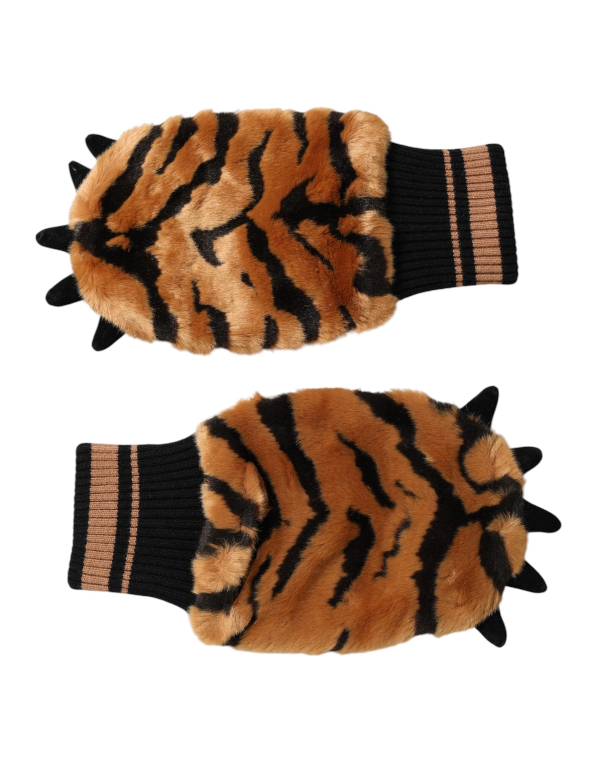 Dolce & Gabbana Braune Tiger-Strickhandschuhe mit Fellmanschette, Einheitsgröße