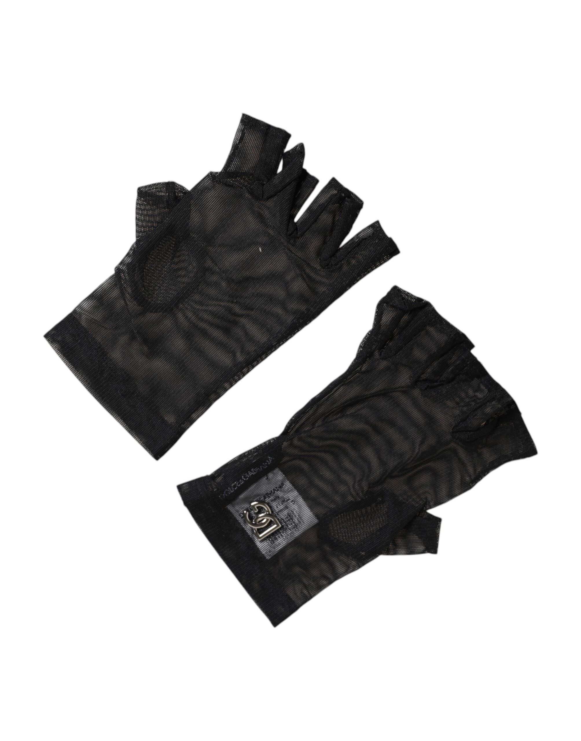 Dolce & Gabbana Schwarze Nylon-Handschuhe, fingerlos, bis zum Handgelenk
