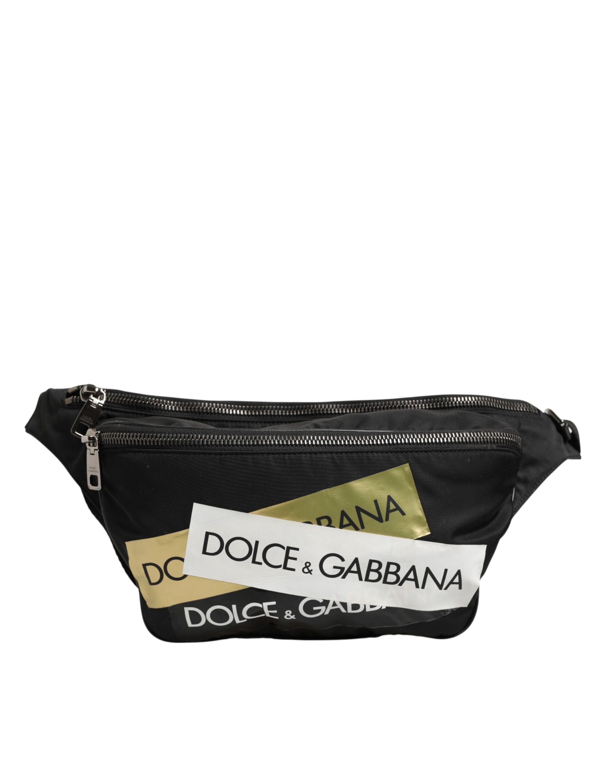 Dolce & Gabbana Schwarze Logo-Tape-Print-Taillen-Gürteltasche für Herren