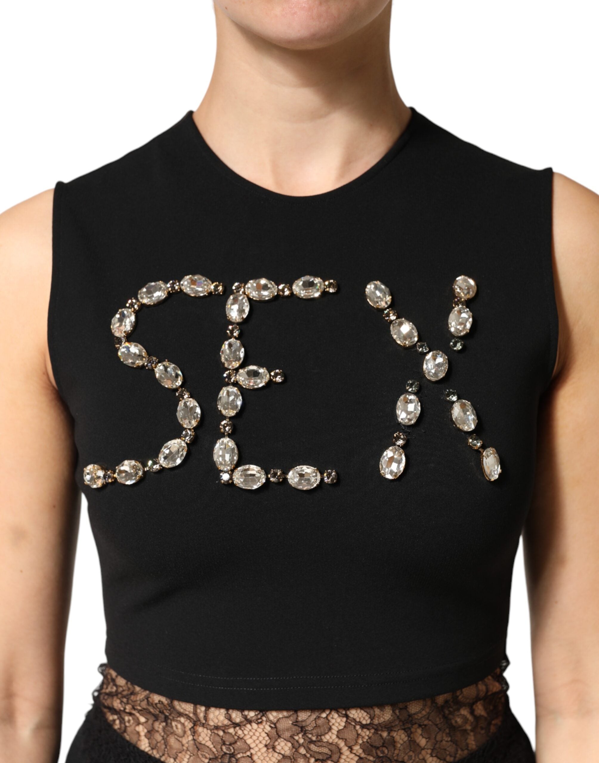 Dolce & Gabbana Schwarzes Jersey-Top mit Spitzenrüschen und Strass