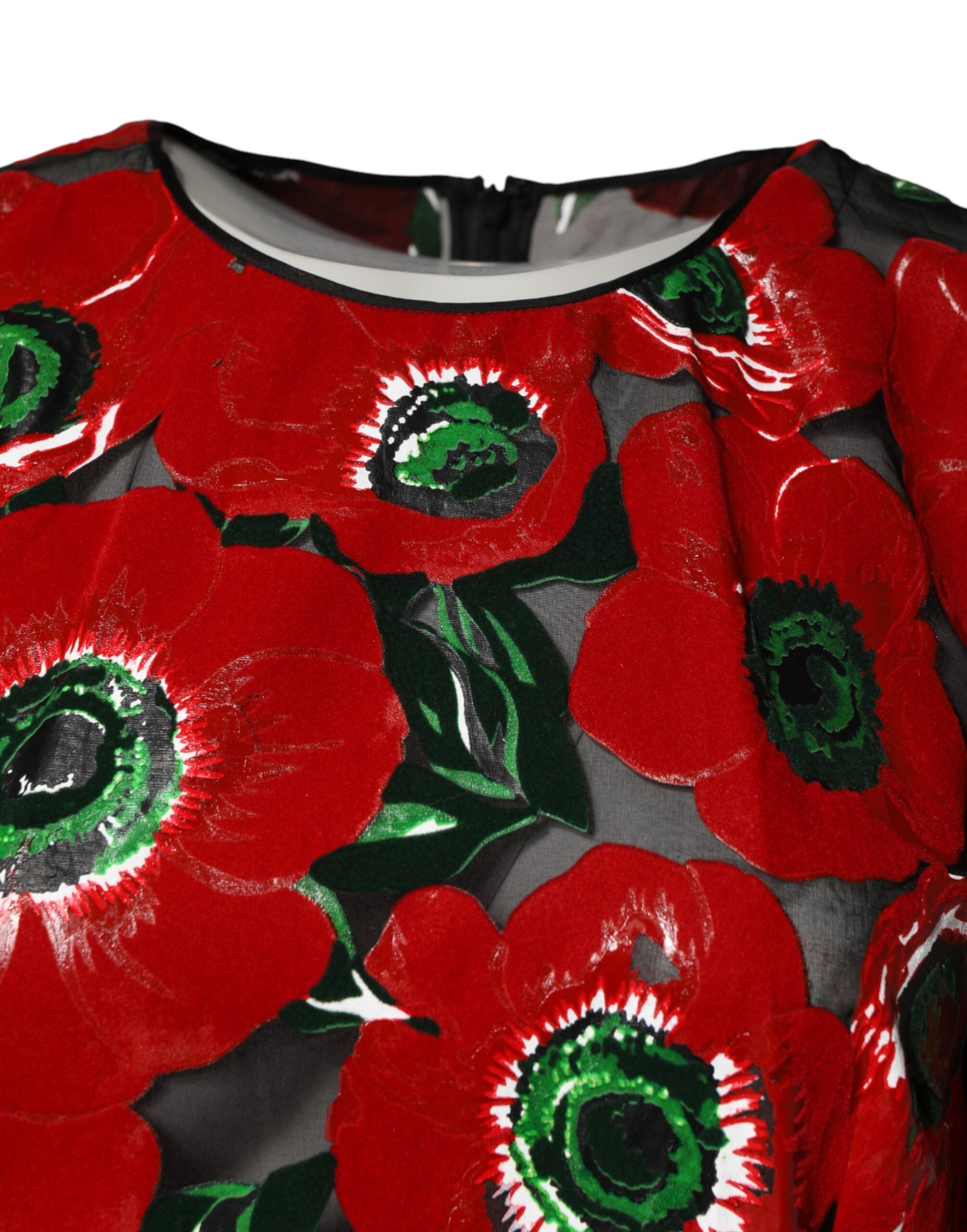 Dolce & Gabbana Rotes Midi-Kleid aus Nylon mit floralem Print und A-Linien-Schnitt