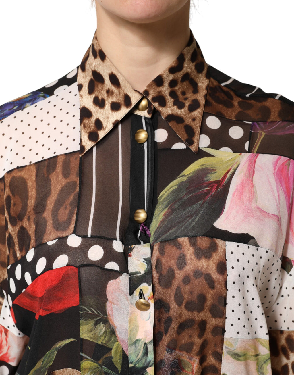 Dolce & Gabbana Multicolor Patchwork Silk CollaredBlouse Top